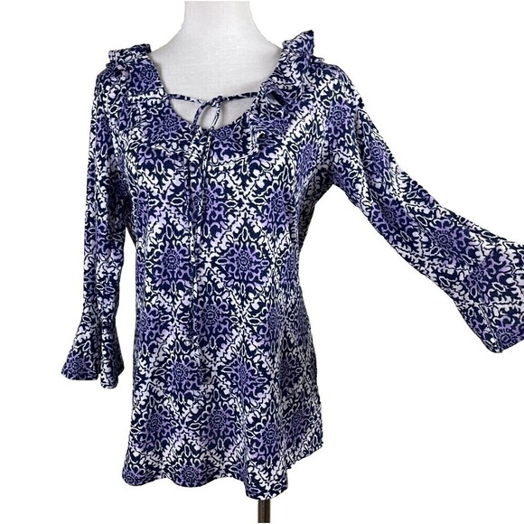 MEDIUM Blue Purple Bell Sleeve Top, Tie Front Cupio Women's - Picture 1 of 8